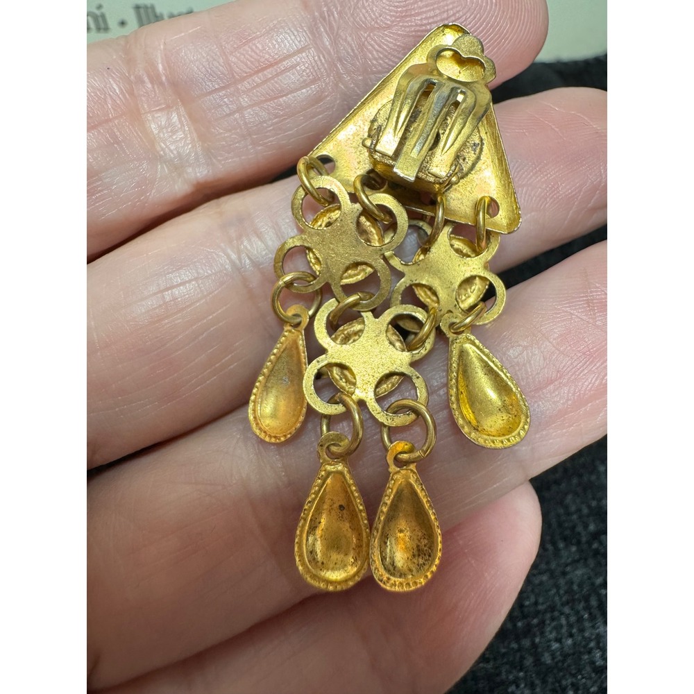Vintage Gold & Turquoise Tone Chandelier Clip Earrings Egyptian Revival Ethnic - Picture 3 of 5